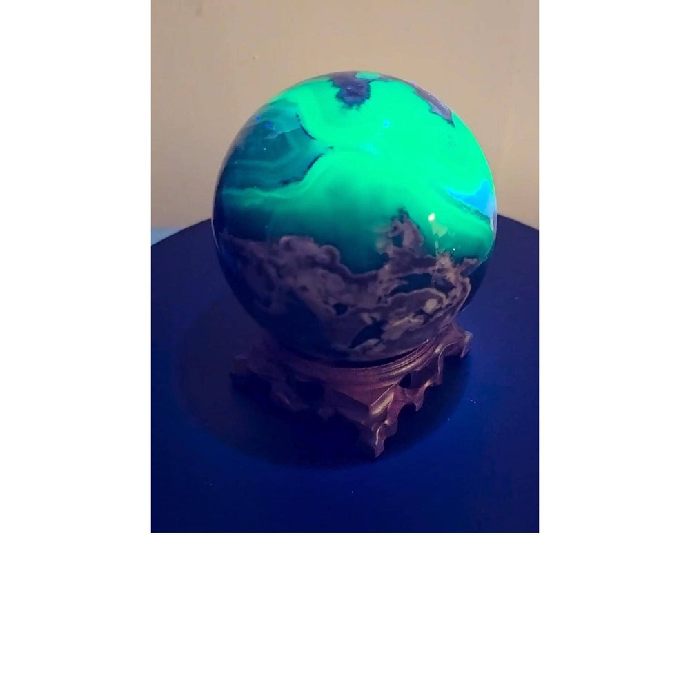 Large Volcanic Agate Sphere, UV Reactive, Carved Wooden Stand (4.2" Diameter)